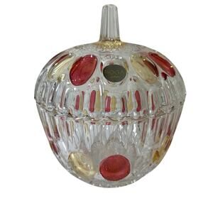 Candy Dish Soga Japan Crystal Lidded Glass Amber Cranberry Thumbprint Dots Vtg